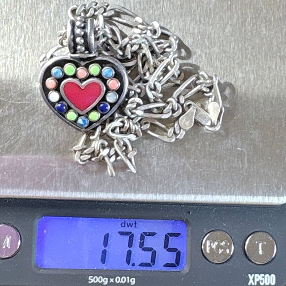 Sterling Silver 925 Multi Stone Heart Figaro Chain Pendant Necklace 19.5" Length - Picture 13 of 14